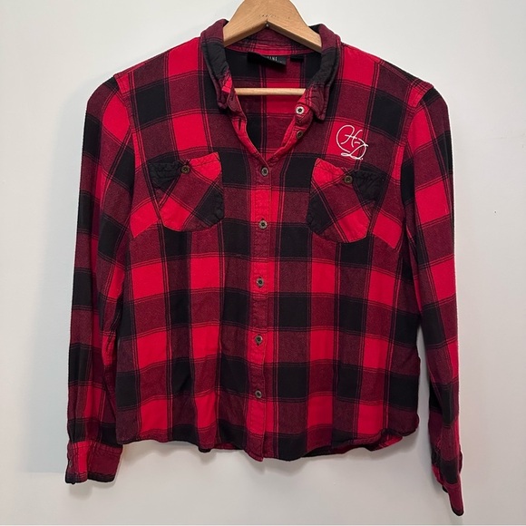 Harley Davidson Buffalo Plaid Cropped Rayon Button Down Shirt Size M/L - Picture 2 of 11